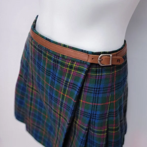 Ralph Lauren Skirt • 90s Wool Plaid • Wrap Mini • Leather Belt • Vtg Pleated - Picture 4 of 4
